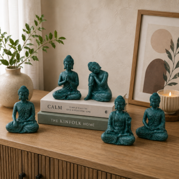 Buddha statue set of 5 for home decor styled on a console table with books and a plant